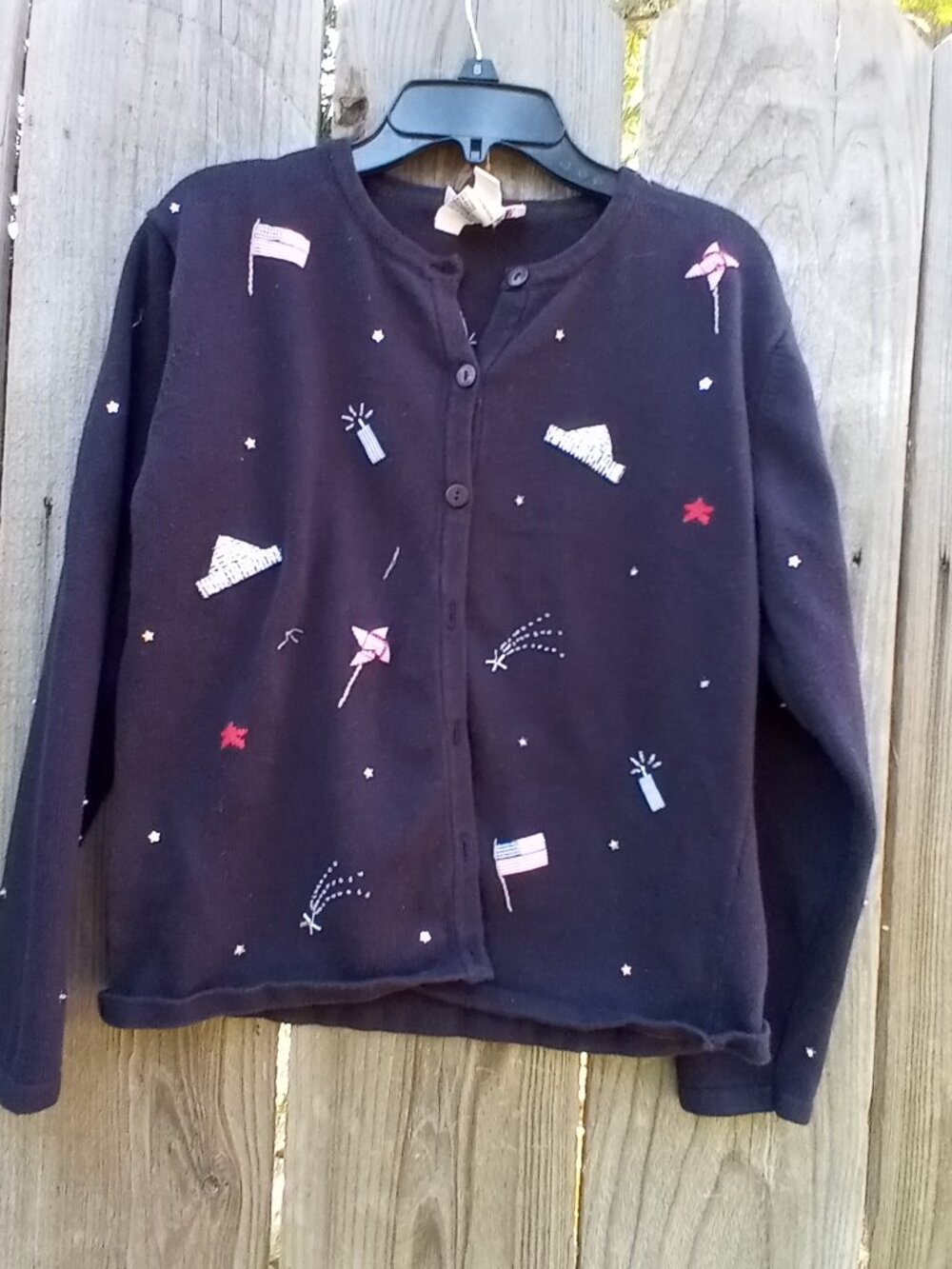 Vintage 90s Talbots Patriotic Embroidered Cardigan Sweater M Blue American Theme